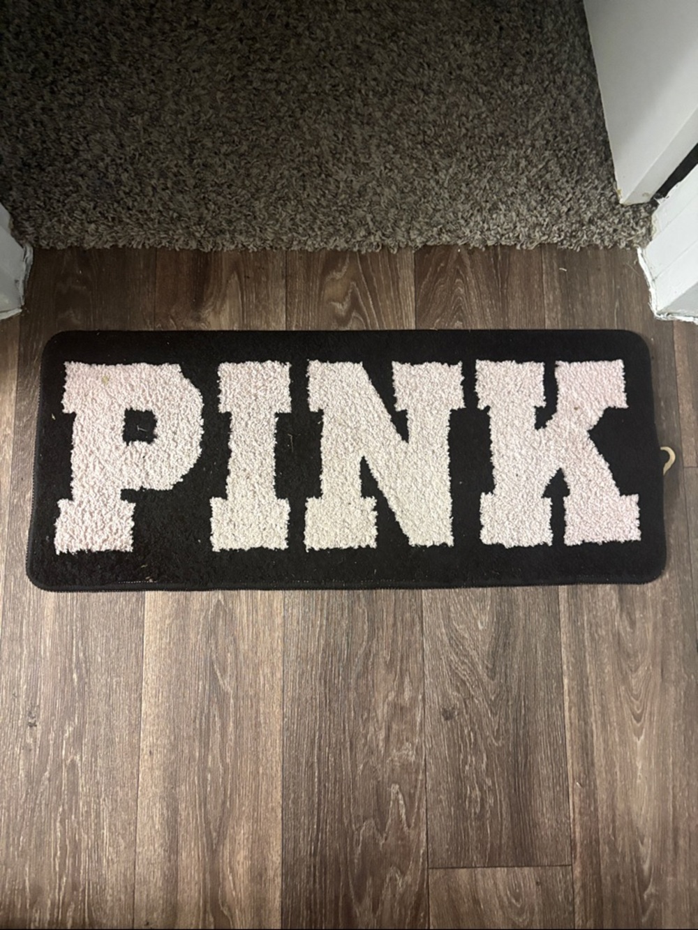 PINK Victoria's Secret Black Doormat with Light Pink Lettering